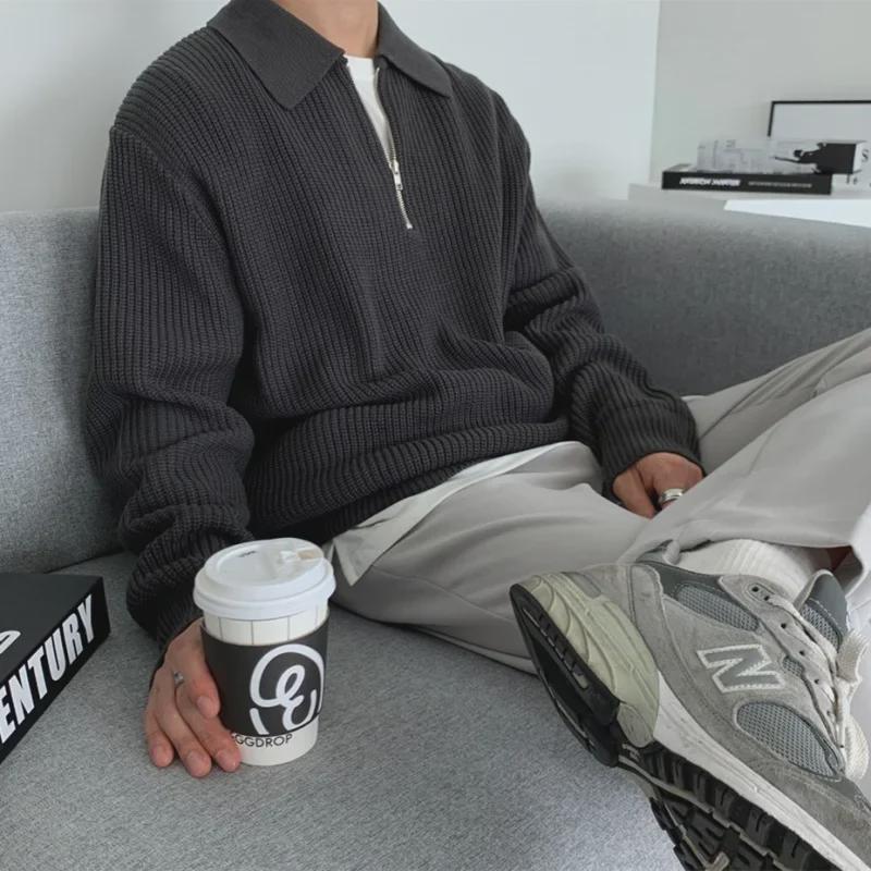 Męski sweter retro zapinany na pół zamek: Gruby, Luźny krój, Styl japoński (Kolekcja Jesień/Zima)