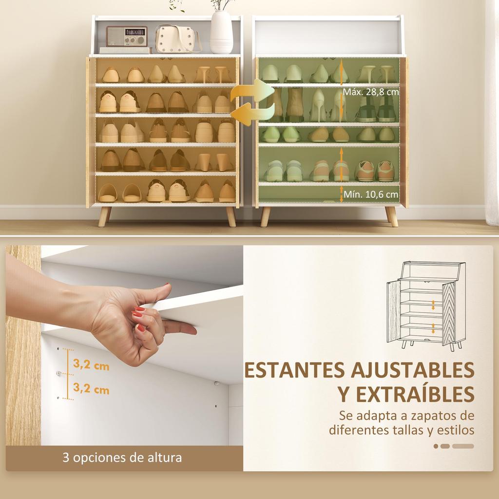 Entrance Shoe Cabinet With 2 Doors Adjustable Shelves And Open Compartment 75x35x104 Cm White And Natural
