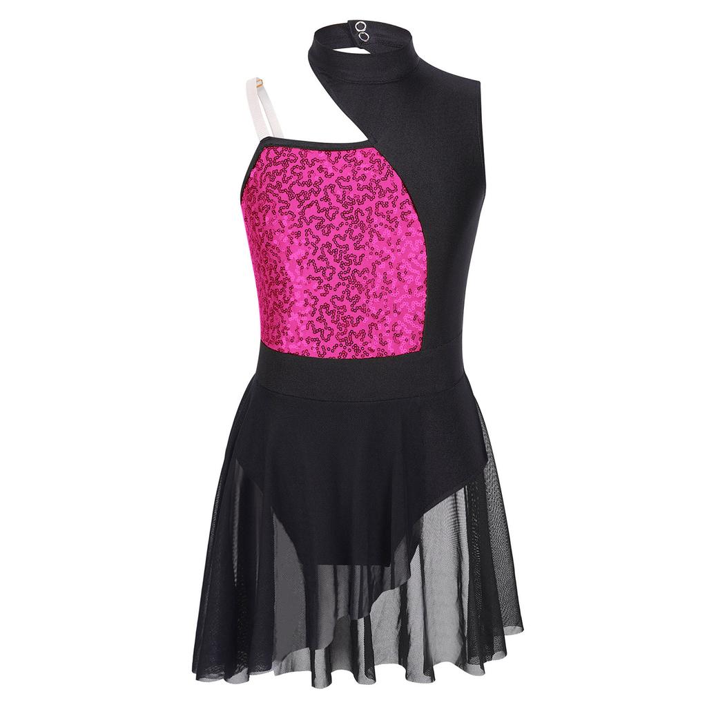 Robe de danse lyrique à paillettes brillantes pour filles, tenue de Ballet, gymnastique, sans manches, épaules dénudées, justaucorps