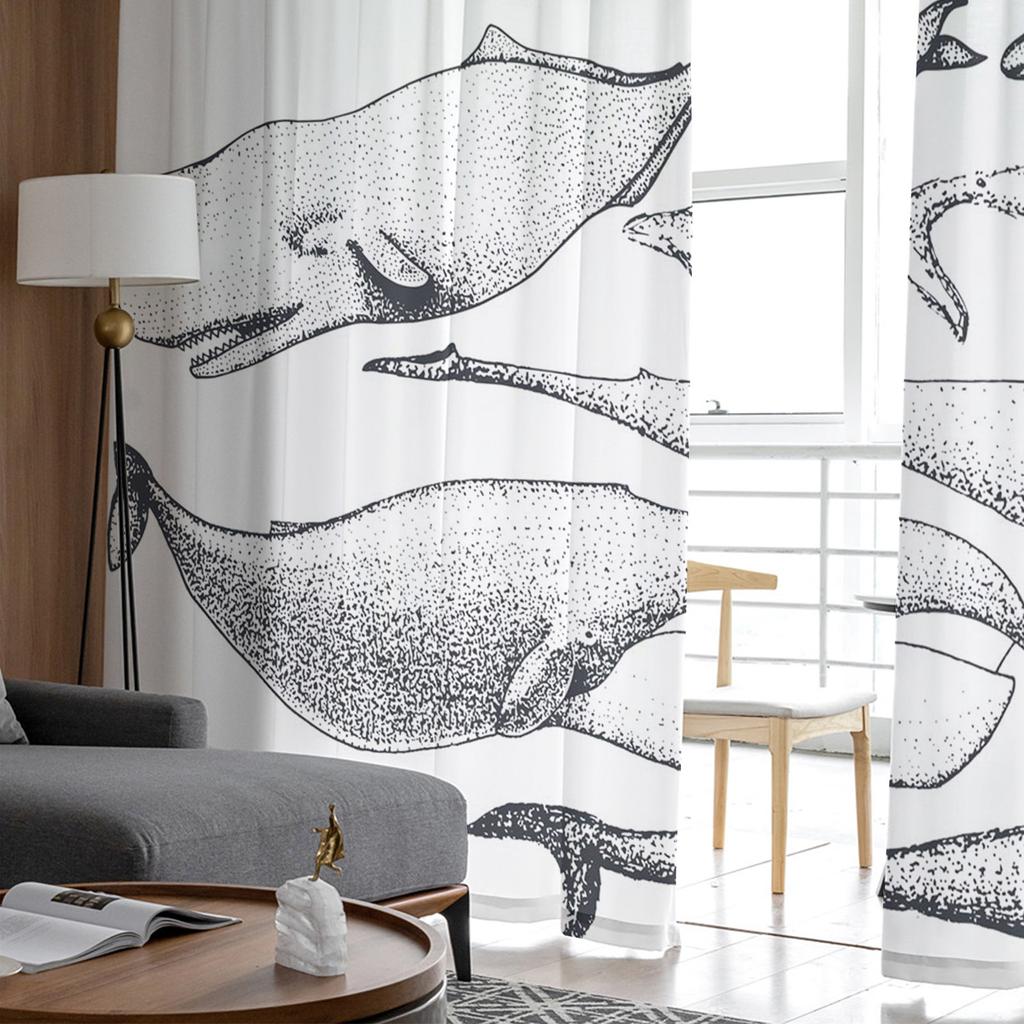 Whale Animal Illustration Tulle Curtains For Living Room Decoration Modern Chiffon Sheer Voile Kitchen Curtain