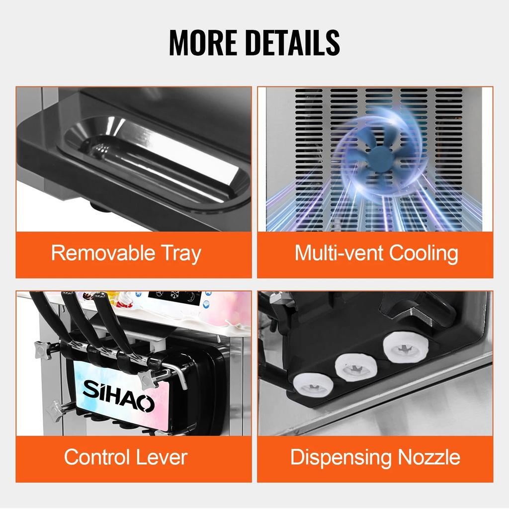 SIHAO Soft Serve Ice Cream Machine 20-28 L/h 3 Flavors Desktop
