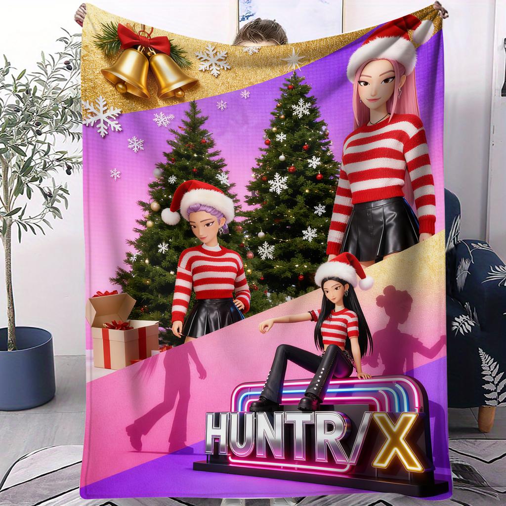 Cartoon K Pop Demon Hunters Theme Flannel Blanket Warmth Multifunctional Decorative Universal Blanket Christmas Warm Blankets