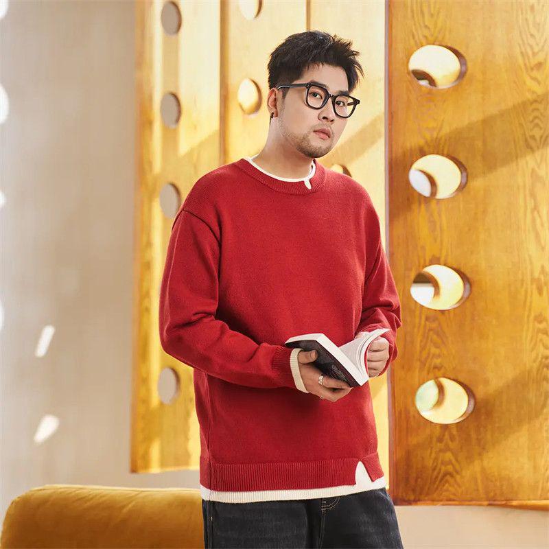 

Men s Round Neck Two-in-One Red Knitted Cardigan - Loose, Plus Size, Warm, Casual Autumn/Winter Sweater. 2XL (suggested 73-80kg) червоний