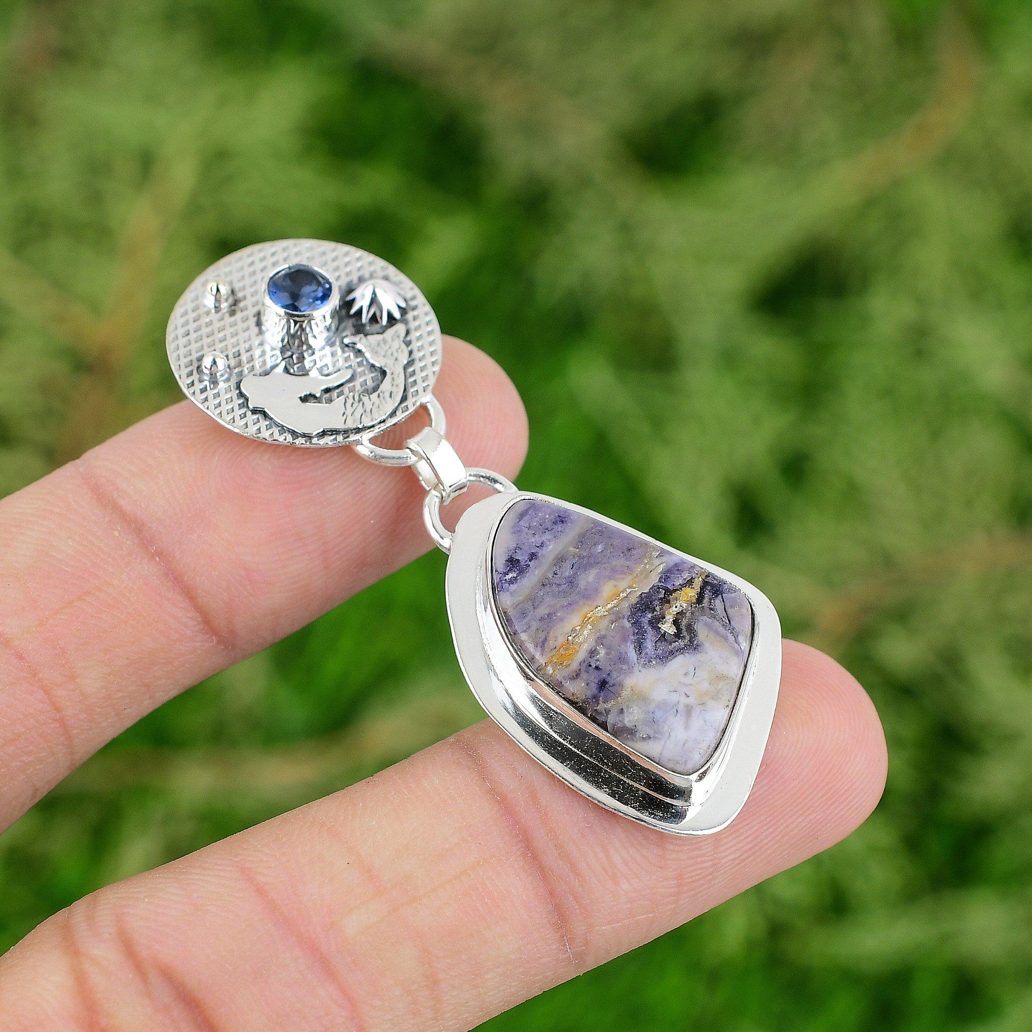 

Sterling Silver Russian Charoite Gemstone Tanzanite Quartz Mermaid Boho Pendant