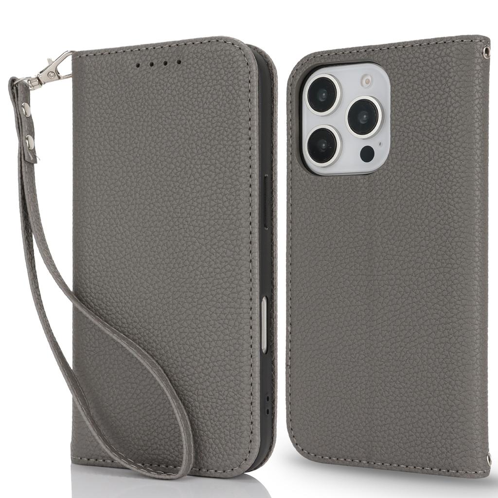 Stand Case for iPhone 16 Pro Litchi Texture Leather Flip Phone Cover with Strap/Wallet