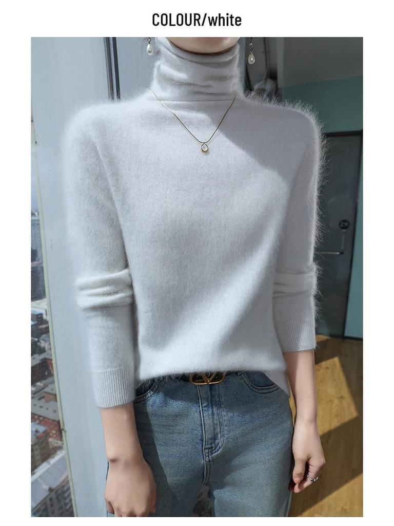 Damski sweter z golfem z kaszmiru norkowego - z krótkim rękawem, o luźnym kroju, ciepła dzianina na jesień/zimę