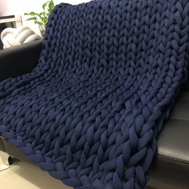 Deep Cozy Blue Handcrafted Blanket With Oversized Knit For Living Room And Bedroom Decor
