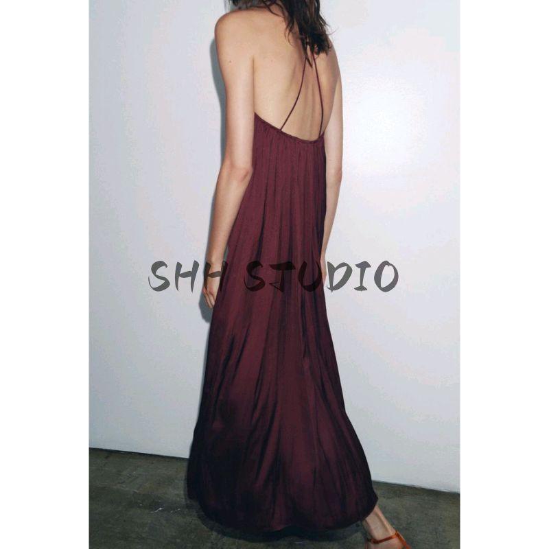 Summer Women clothes Holiday Style round Neck Sleeveless Asymmetric Hem Silk Satin Texture Long Dress 8040019