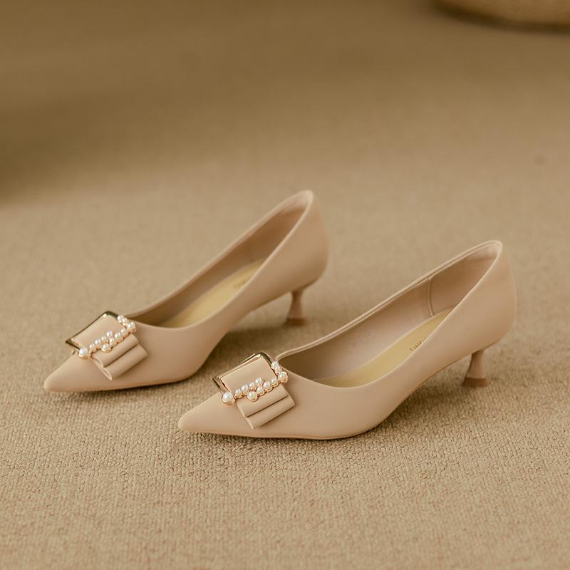 Yuanlitong autumn new high heels women's high-end leather women's shoes pointed temperament single shoes women's wear is not tired