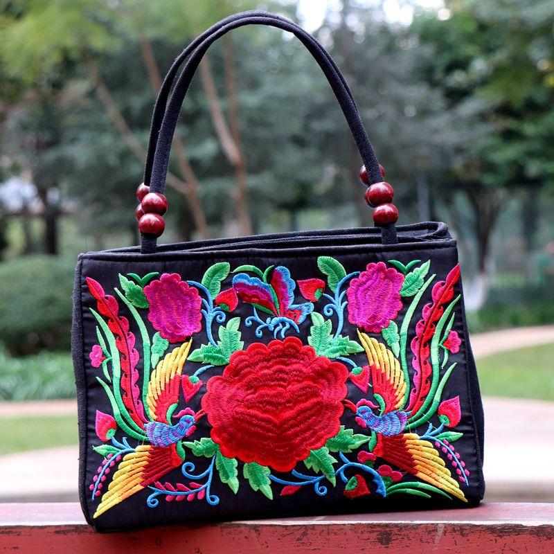 

Ethnic Chic Double Wooden Bead Tote Bag - Reversible Double-Sided Floral Embroidery Boho Purse for Women, Tribal Pattern Casual Handbag