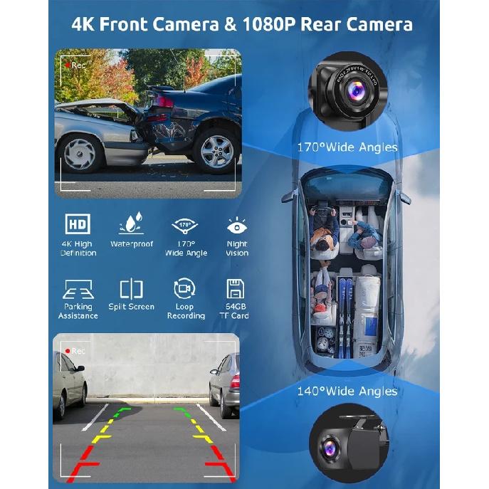 10.26" 64GB Dash Cam Car Stereo 4K IPS Touch Screen Wireless Apple Carplay & Android Auto Dual Len Recorder Bluetooth FM+Camera