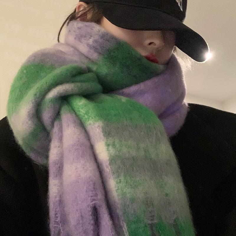 Mohair Scarf Women's Winter Korean Style High End Versatile New Shawl Plaid Thickened Warm Scarf Trendy