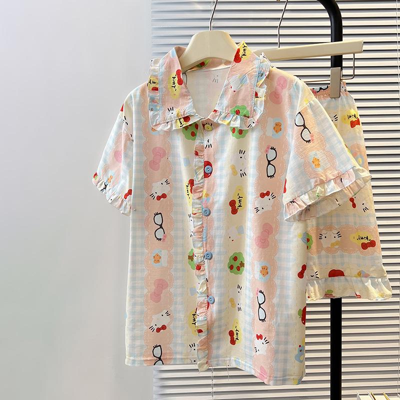 Women s Summer Pajamas - Cute Girly Cloud Cotton Short Sleeve Set with Lapel M-L