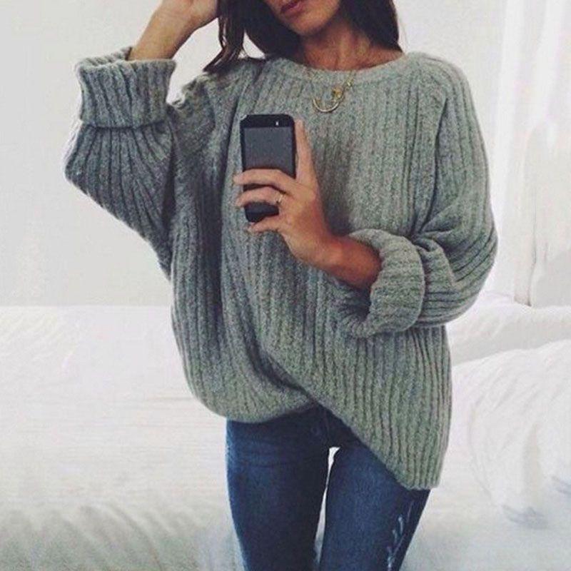Accogliente Maglione Pullover Autunnale e Invernale a Manica Lunga con Scollo Rotondo in tinta unita