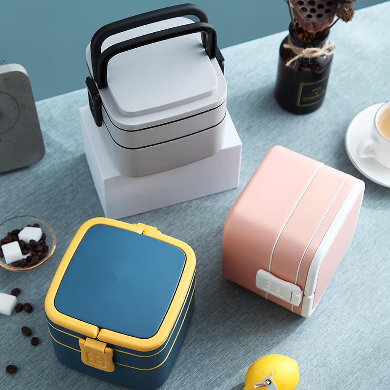 Creative Morandi Double-Layer Student Bento Box - Portable Microwave-Safe Plastic Lunch Box