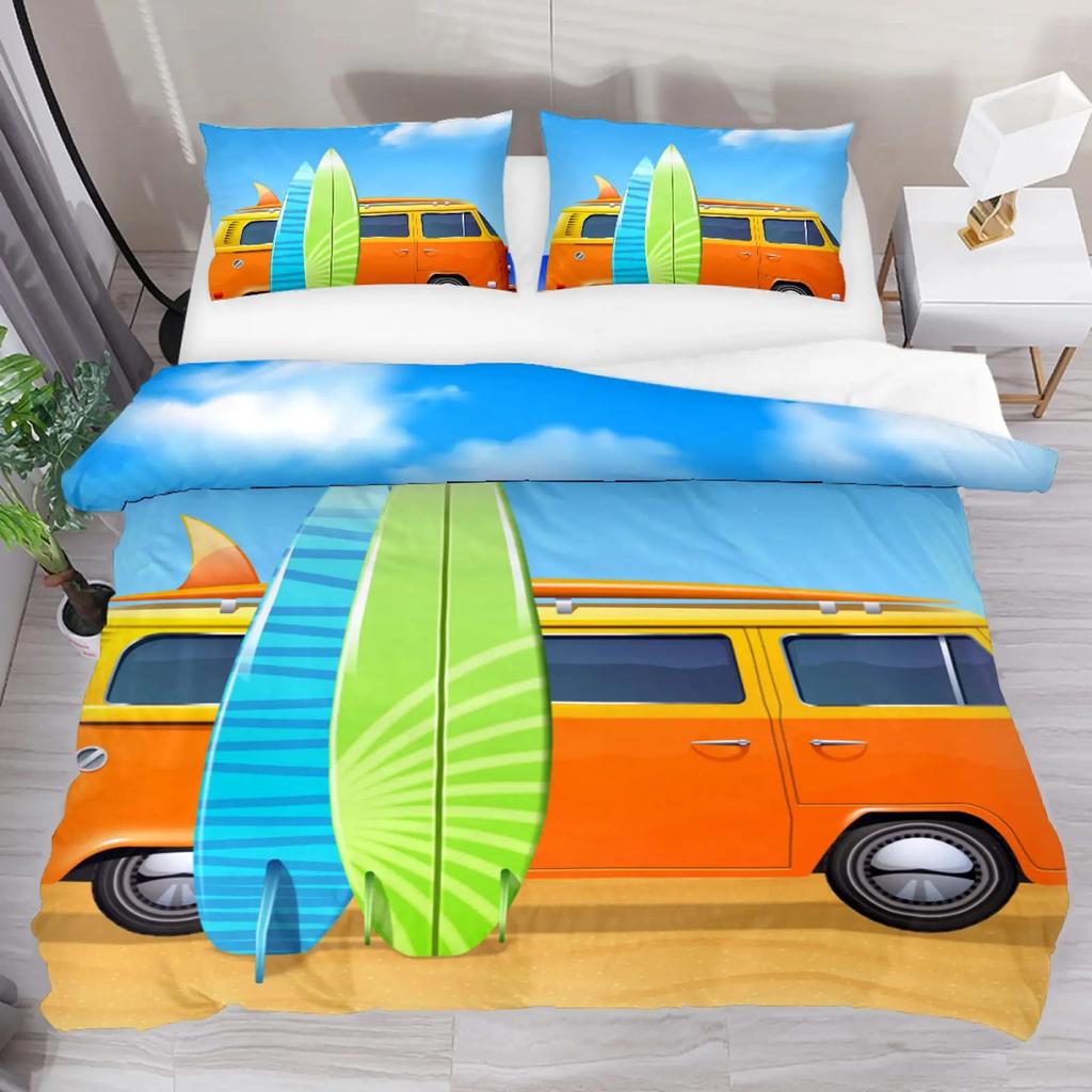 Surf Duvet Cover Hippie Classic Old Bus Surfboard Freedom Holiday Exotic Life Sketchy Art Yellow Orange Room Decor For Women Men