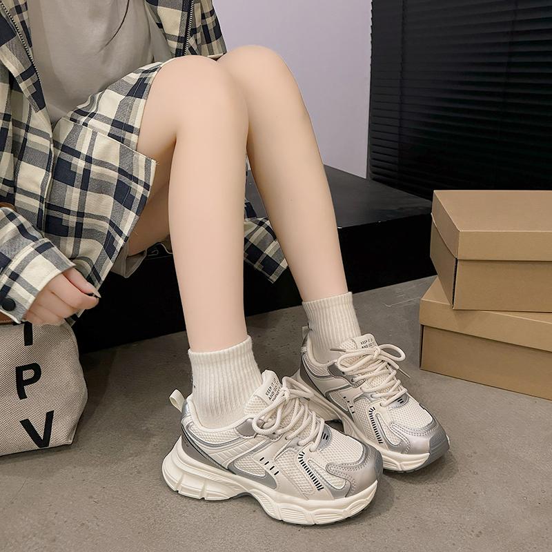 Dámské sportovní ležérní boty s tlustou podrážkou, nové stříbrné prodyšné 100 na jaro a podzim