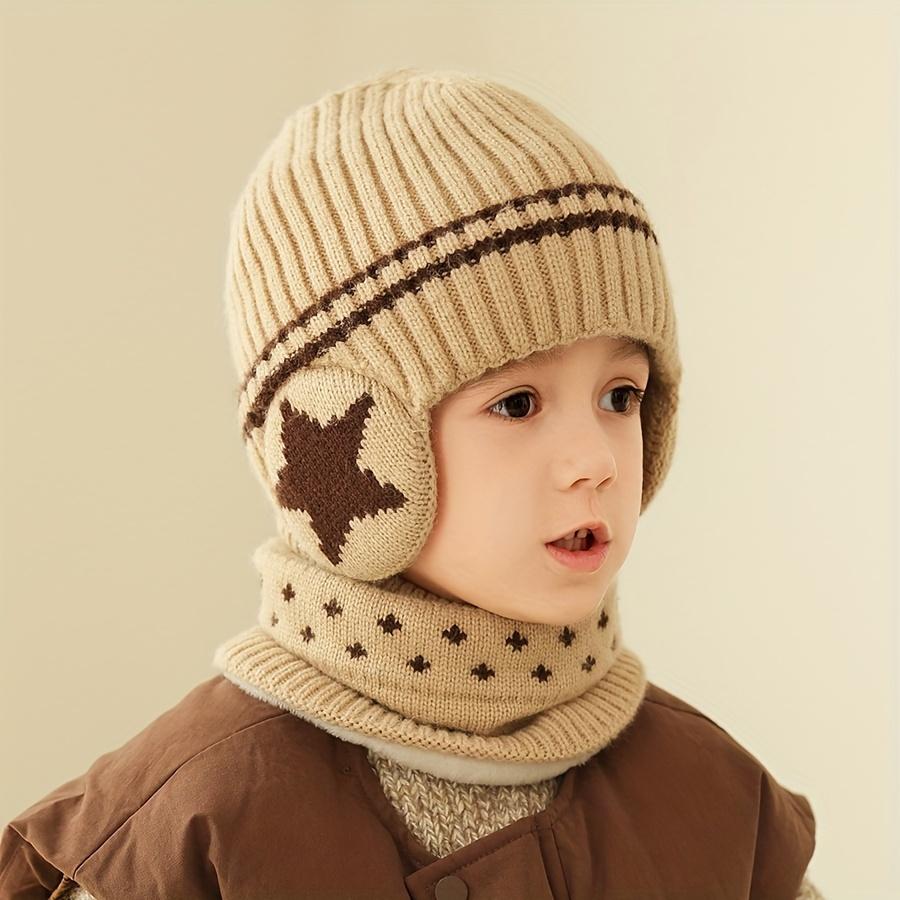2pcs Winter Kids Hat and Scarf Set Thick Warm Knit Beanie with Earflaps & Matching Neck Gaiter for Boys Ages 3-7