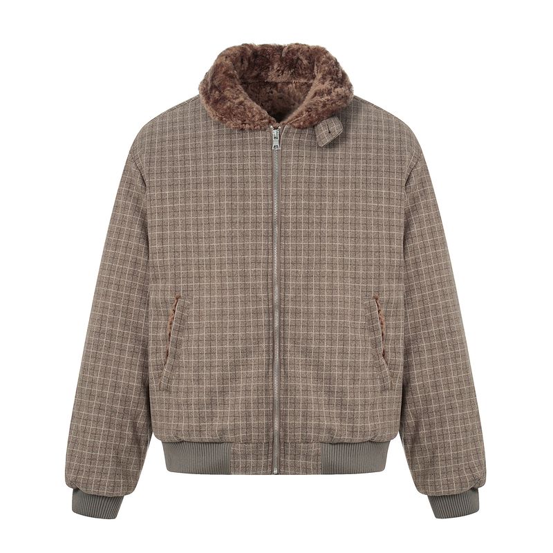 

Kisko Winter American-Style Quilted Fur Collar Plaid Cotton Jacket for Men and Women, Trendy Brand Warm Cotton Coat for Couples Curry color XL