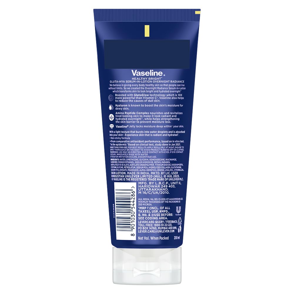 Vaseline Gluta-Hya Overnight Radiance Serum-In-Lotion 200 ml With Amino Peptide For Dewy Even Toned Skin