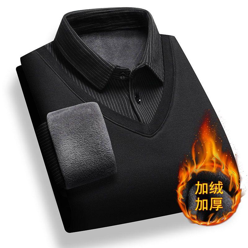 

Мужская одежда Свитер из флиса с эффектом двухслойности Мужской вязаный плюшевый толстый пуловер Теплая рубашка с воротником Нижняя рубашка Свитер XL чёрный