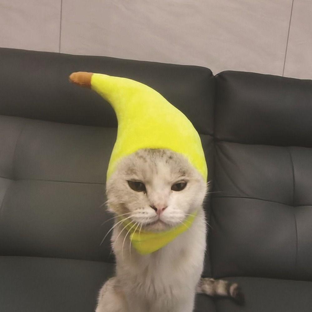 Pet Party Cap Cute Banana Cat Head Cover Adjustable Soft Pet Headwear Deformable Plush Cat Banana Headgear Pet Party