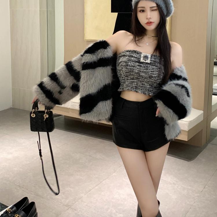 Manteau en fausse fourrure de renard rayé zèbre pour femme, automne hiver, veste en fourrure à col rabattu, vêtements d'extérieur