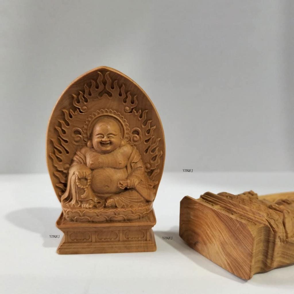 Mini Hotei Buddha Statue, Seven Lucky Gods Figurine, Premium Boxwood Wood Carving (7cm H x 4.5cm W x 2cm D)
