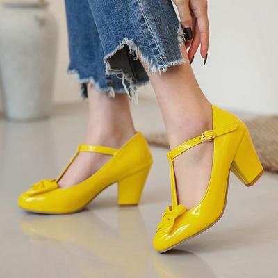 FOREADA High Heels Women Pumps Patent Leather Bow Block High Heel T-Strap Shoes Buckle Round Toe Party Shoes Lady Red Size 33-46