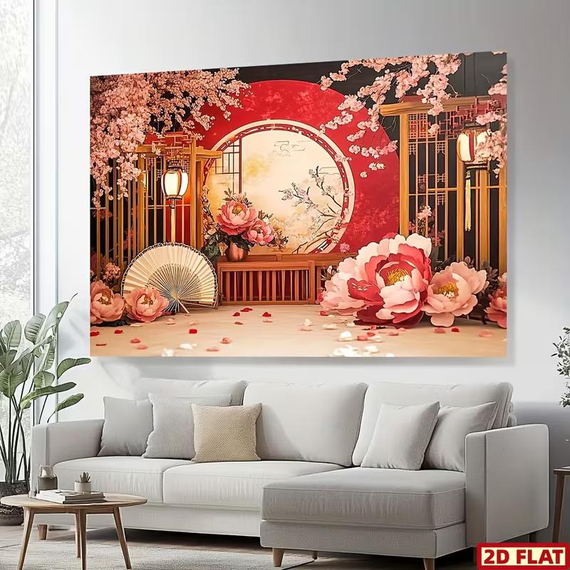 2D Chinese Red Floral Backdrop Peony Cherry Blossom Background