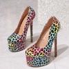 Eilyken Fashion Platform Pumps Women Round Headed Leopard Print Color Blocked Light Mouth High Heels Banquet Party Dress Shoes