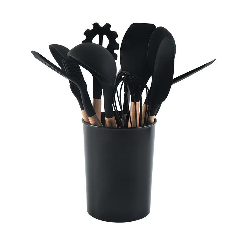 

12PCS/Set Premium Quality Silicone Kitchen Utensils Set with Wood Handle and Storage Bucket Kitchen Tools Cooking Accessories