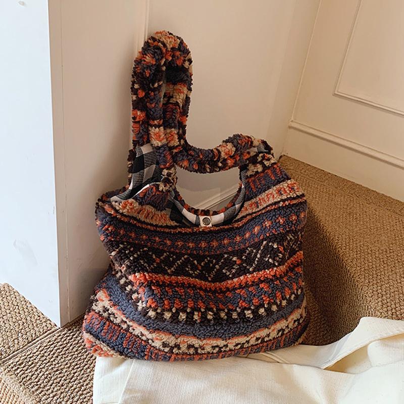 Women's Striped Plush Shopper Tote Bag Lightweight Large Capacity Ethnic Style Shoulder Bag Fluffy Casual Winter Underarm Bags