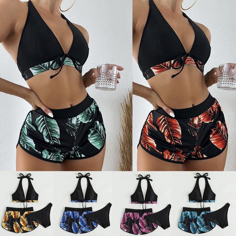 Womens Halter Neck Padded Bra Bikini Set Boy Shorts Swimsuit Beachwear Swimwear