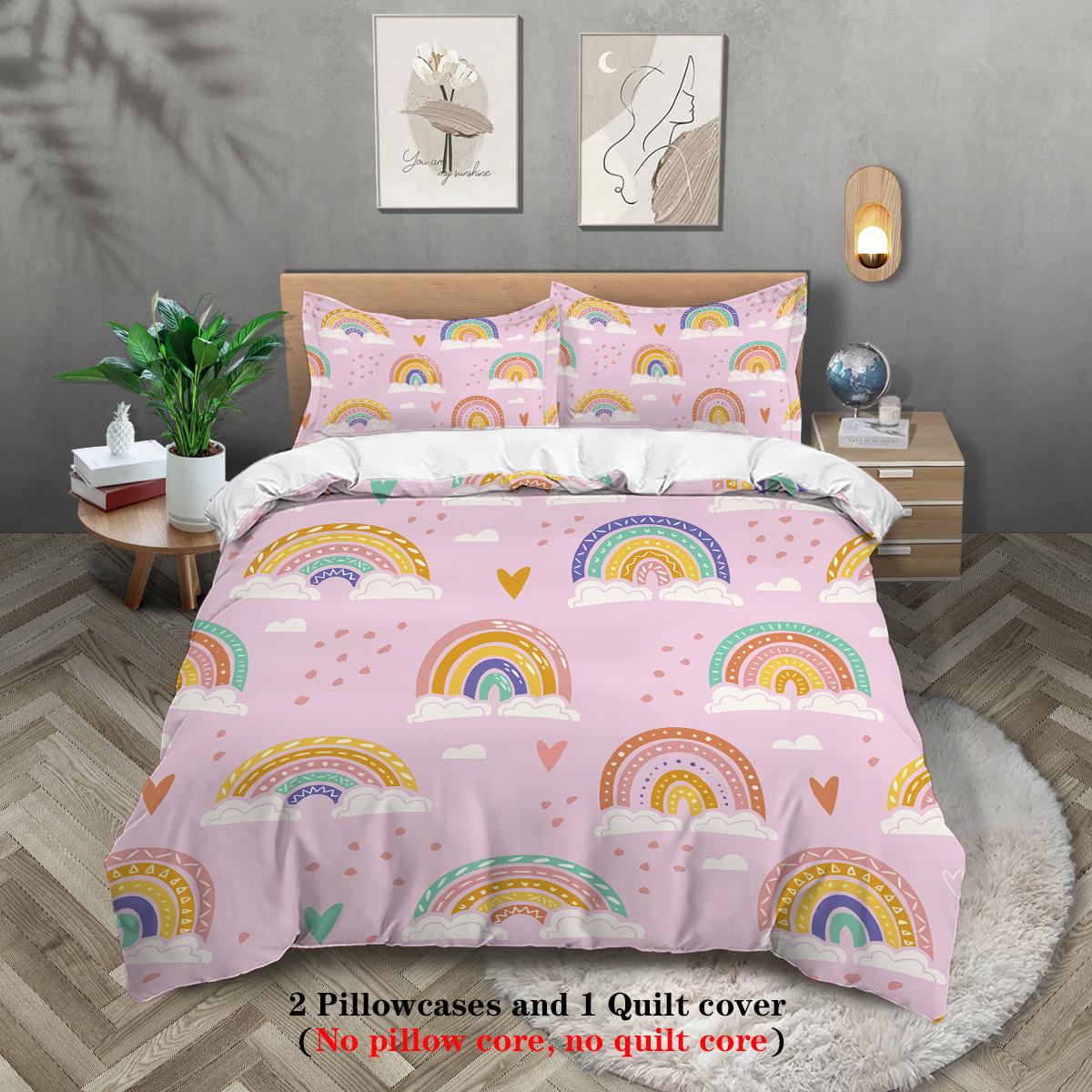 

3-piece cartoon pink rainbow pattern print (1 duvet cover+2 pillowcases, no core) soft and comfortable bedding set 135x200cm-GER-Single