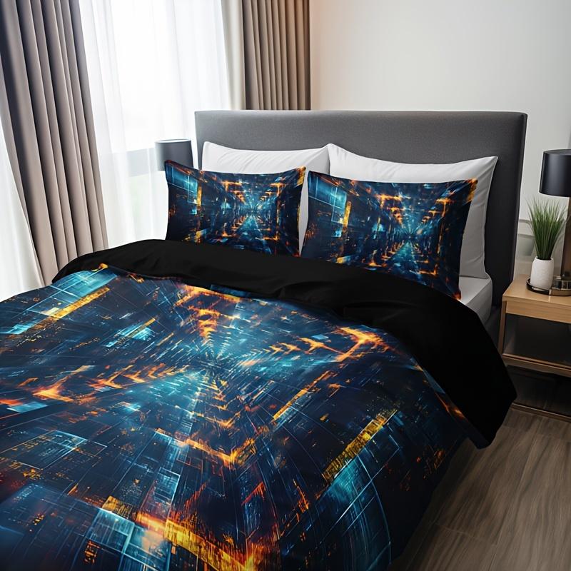 Tech Space Plaid Duvet Cover Set Breathable Polyester Machine Washable Perfect for All Seasons High-definition Print Bedding Set