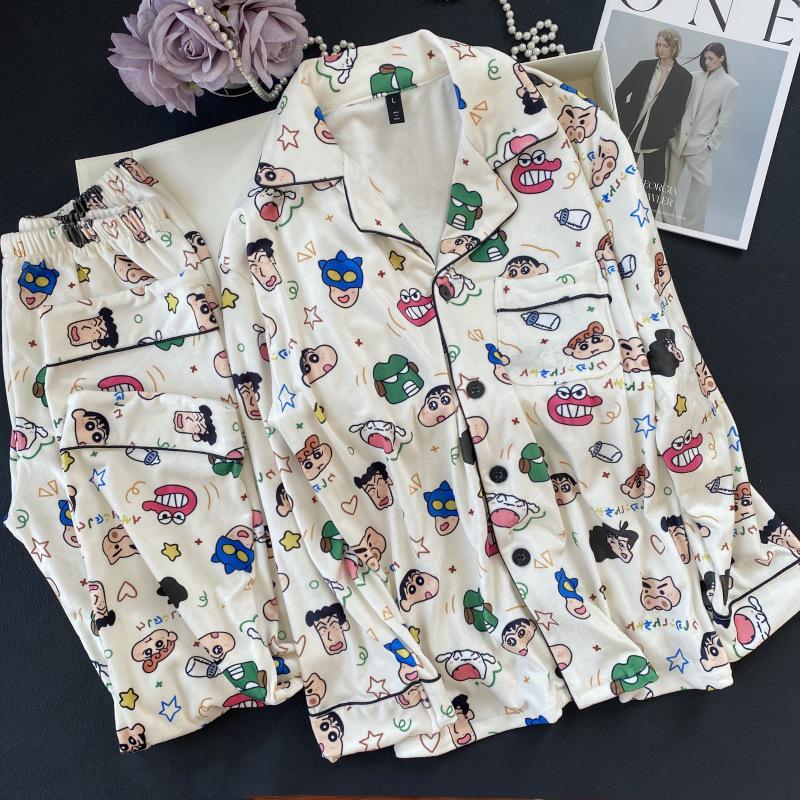 

Набір піжами з флісу з персонажем Шинчан Осінь-Зима, Морський острів, Мультяшний, для пари - Теплий та затишний домашній одяг Large