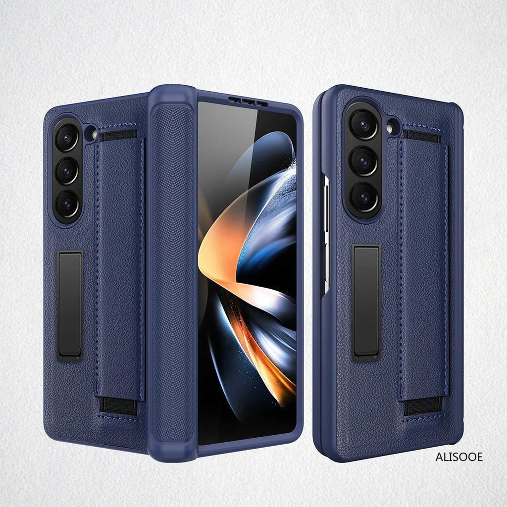 Z Fold 7 6 5 4 Hinge Case for Samsung Galaxy Z Fold 7 6 5 4 Case Wristband Front Glass Wrist Strap Stand Protect Cover Funda
