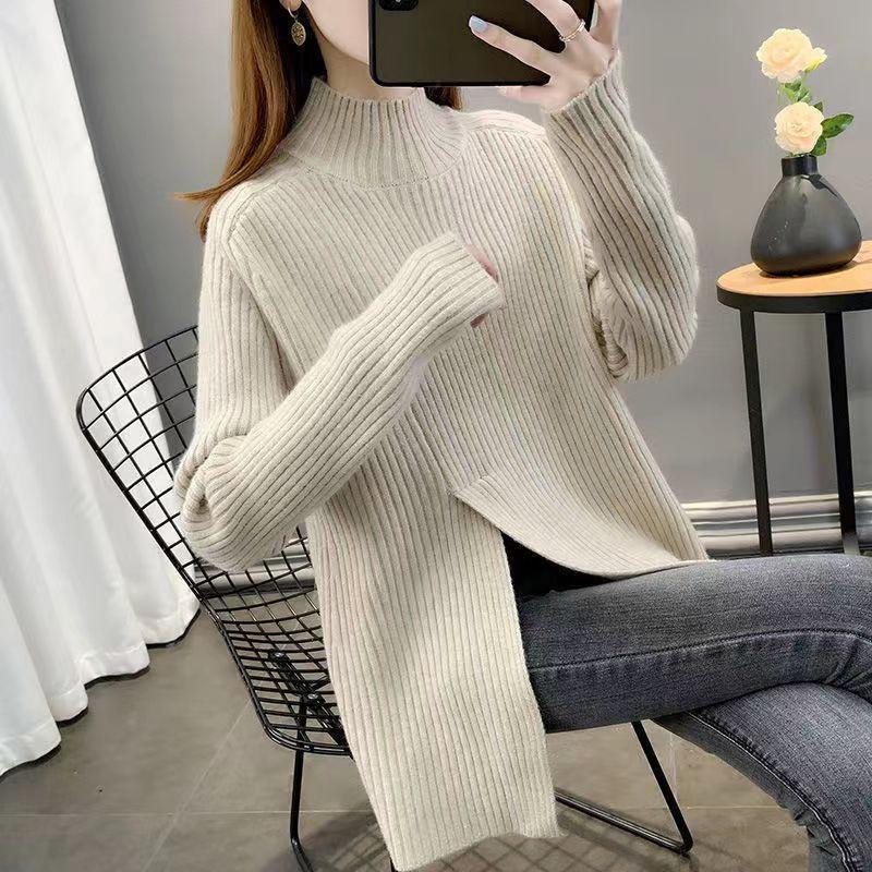 Autumn/Winter Mid Length Sweater Half High Collar Pullover Sweater Women's Knitted Sweater