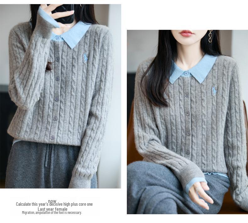 2025 Autumn/Winter Women's Pure Wool Embroidered Cable Knit Cardigan - Turn-Down Collar, Long Sleeve, Button-Up, Loose Fit Outerwear.