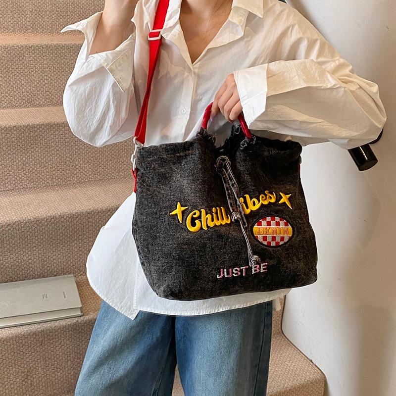 Trend embroidery casual versatile large capacity portable tote bag denim shoulder messenger bag