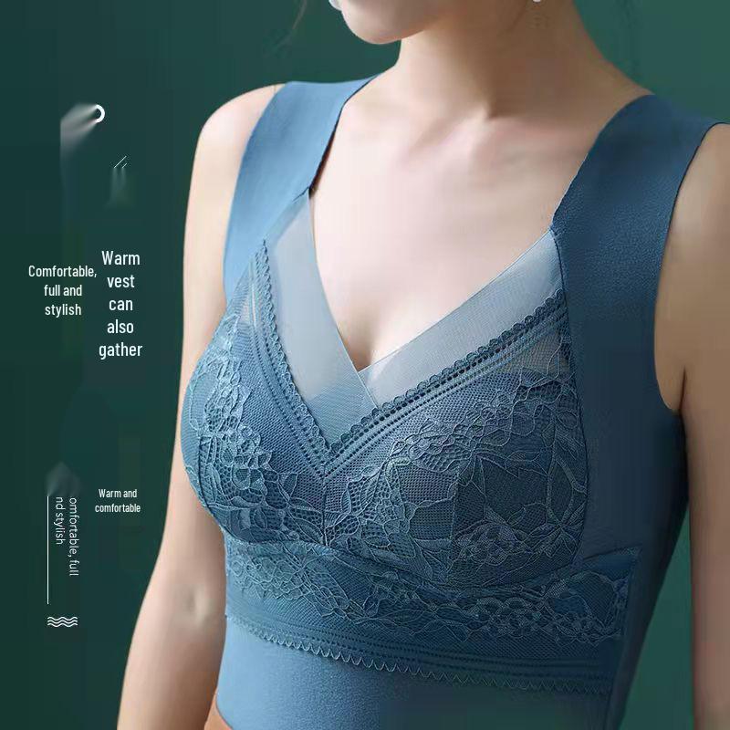 German Velvet Warm Vest with Lace Base Layer and Chest Pad - Plus Size Seamless Self-Heating Bra for Autumn and Winter