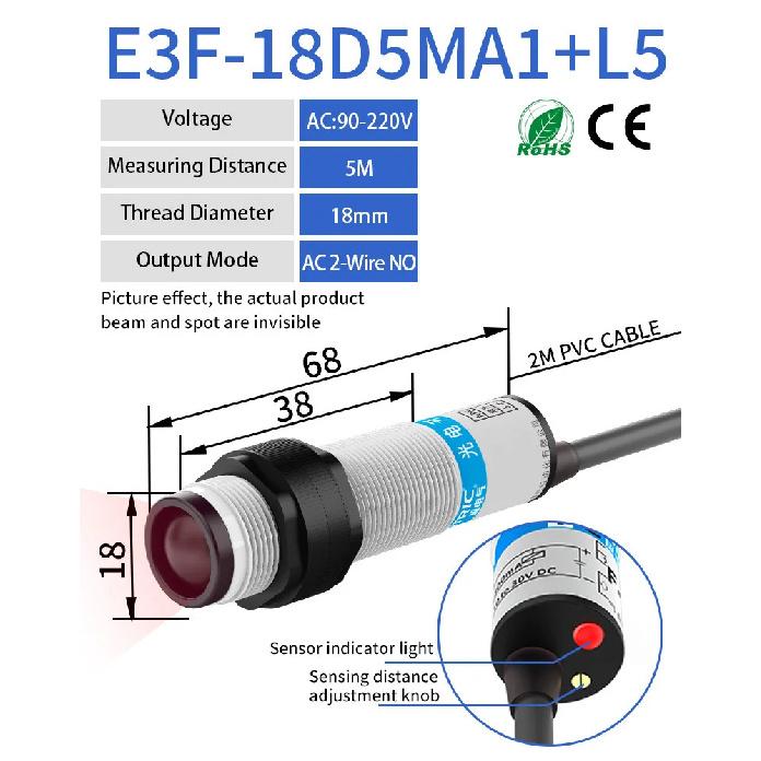 GTRIC Infrared Photoelectric Sensor Through-beam Sensing Distance 5M 10-30V 3-wire NPN PNP 90-240V AC Photoele Switch 5M AC2-wire NO