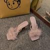 Niche High Heels Fluffy Slippers Women's Shoes Wear 2025 New Summer Fairy Style White Sandals