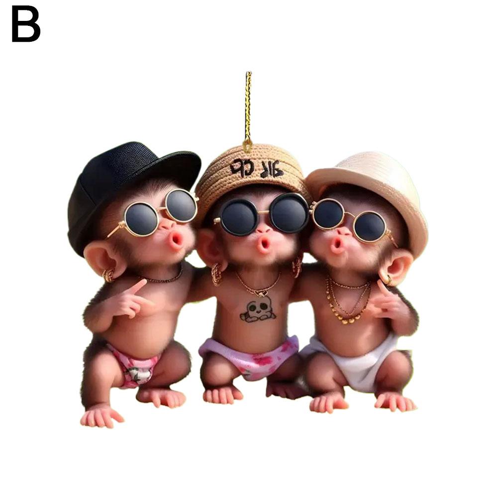 2D Monkey-Shaped Car Pendant Hanging Ornament with Chain Realistic Animal Rearview Mirror Hanging Decor Car Interior Accessories