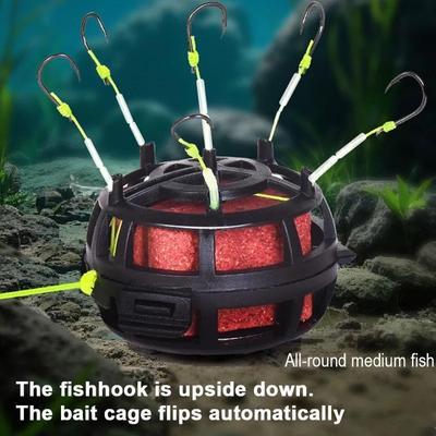 Reverse Bottom Bait Cage Fishing Hook 6-Hook Spring Baits Cages Trap Fishing Hooks Compatible with Powder and Pellet for Carp