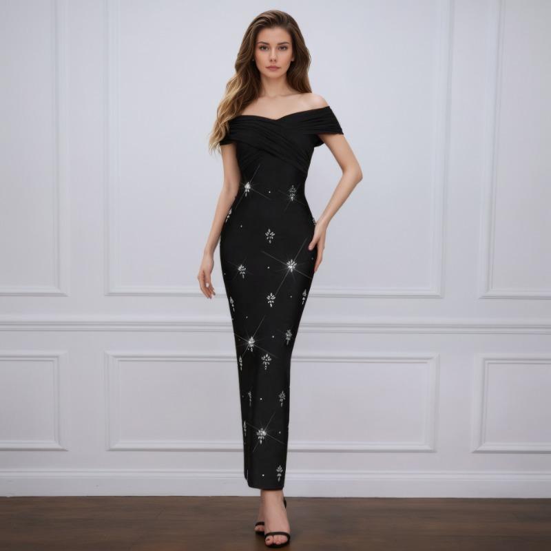 

New sexy bandage dress women s one-word shoulder waist thin design diamond-encrusted slim hip dress XL