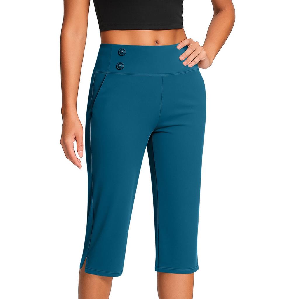 Pantalones de Moda para Mujer de Color Sólido con Bolsillos con Botones y Bajos Divididos Cintura Alta Deportes Yoga Casual Pantalones Recortados