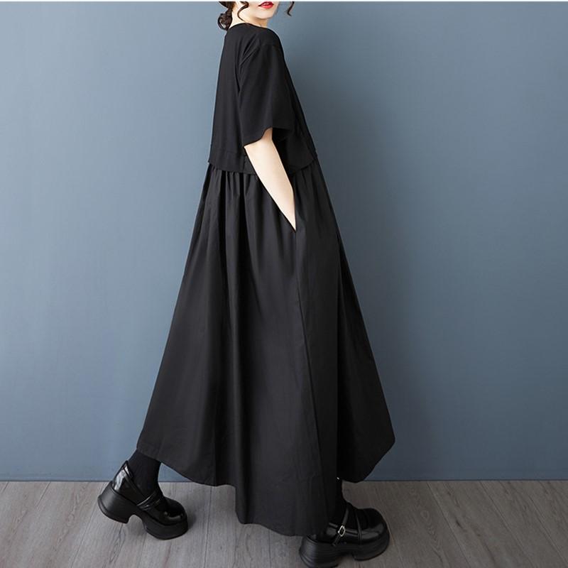 Short Sleeve Plus Size Black Vintage Patchwork New In Dresses for Women Casual Loose Long Summer Dress