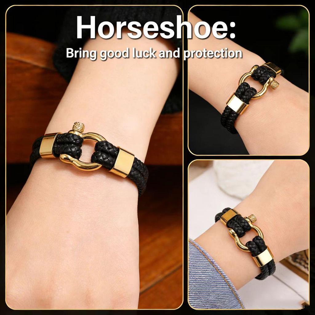 Men's Retro Horseshoe Buckle Leather & Stainless Steel Stackable Bracelet